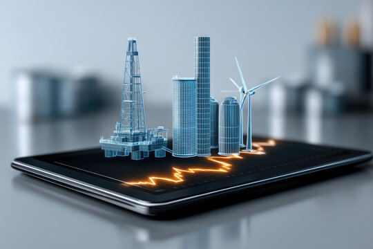 Futuristic energy sector concept with oil rig, skyscraper, wind turbine, and tablet displaying digital data visualization