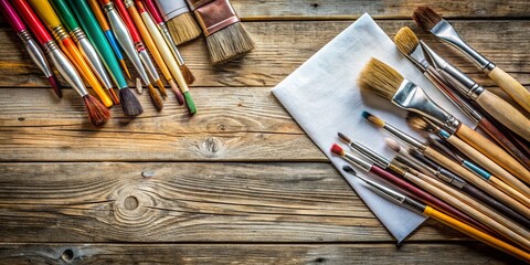 Artist's Supplies: Top View of Drawing Brushes on White Canvas, Rustic Wooden Table