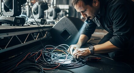 Technician inspecting electrical cables on stage, using flashlight for maintenance preparation for