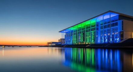 Striking architecture reflecting in water at sunset illuminated with vibrant colors showcasing