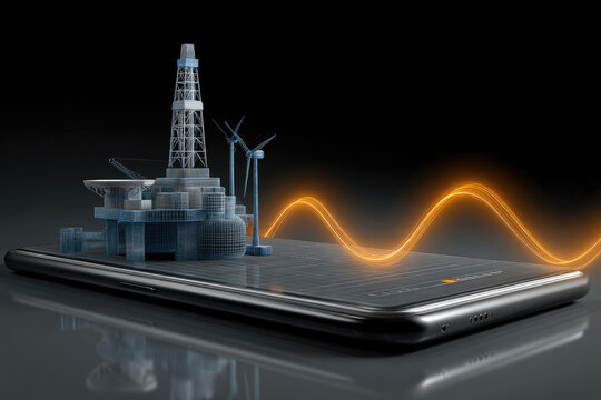 Futuristic energy platform with oil rig, wind turbine, and digital wave on smartphone, symbolizing innovation and technology