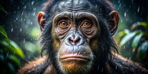 Astonished Hominid in Jungle Downpour: Low-Light  Rain Forest Primate Surprise
