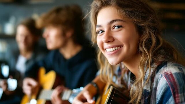 Friends practicing music together in home studio, guitars and laughter, creative harmony, teamwork and rhythm, artistic collaboration, lifestyle expression, joy of sound, friendshi