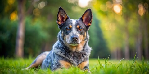 Australian Cattle Dog Blue Heeler Puppy Lying on Grass, Looking at Camera