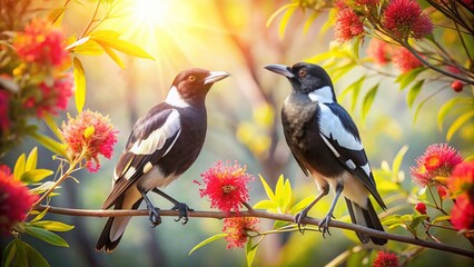 Australian Magpies Double Exposure Nature Photography - Birds on Branch