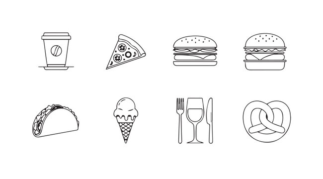 Hand drawn fast food icons representing burgers pizza tacos ice cream and drinks on white vector - Powered by Adobe