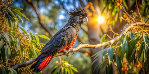 Australian Red-tailed Black Cockatoo in Eucalyptus Tree - Wildlife Photography