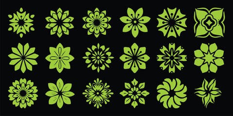 Collection of Green Floral and Geometric Ornaments on Black Background