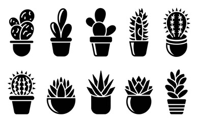 Collection of Black and White Potted Cactus and Succulent Icons