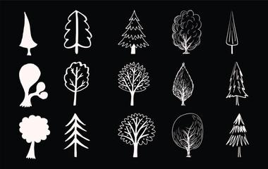 Collection of Hand-Drawn White Trees on a Black Background