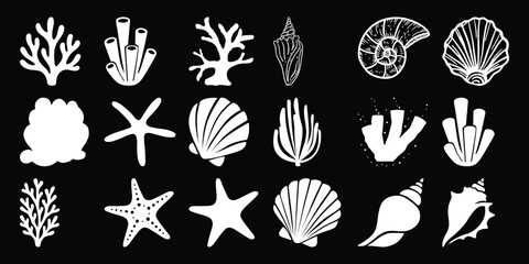Collection of White Sea Life Icons on Black Background - Corals, Shells, Starfish