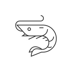 A stylized black line drawing of a shrimp facing right It has a curved body antennae and details suggesting legs and tail