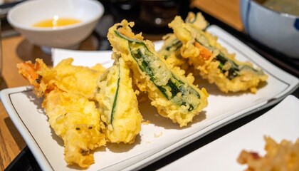 vegetable tempura served in japanese restaurant. 