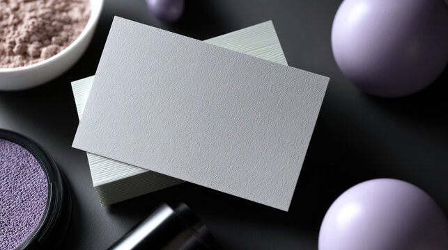 White business card mockup on black background with purple decorative objects, textured paper, modern minimal style