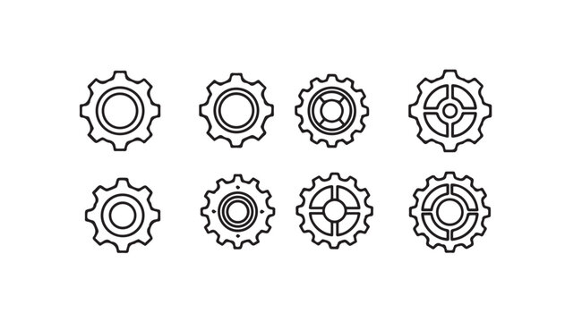 Set of eight diverse mechanical gear icons symbolizing industry innovation and engineering precision vector