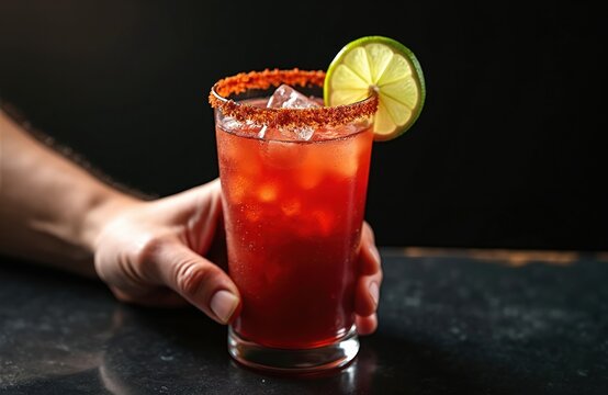 Hand holds Michelada drink with spice rim plus lime on table. Refreshing Mexican alcoholic beverage with tomato juice, beer. Summer cocktail with chili. Bar offers this cold drink.