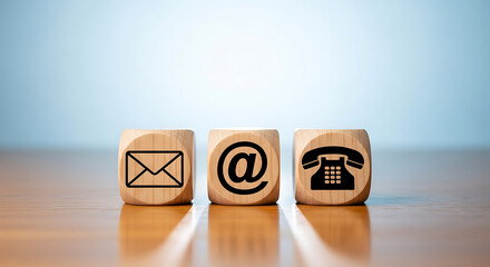 Contact methods on wooden cubes, email, at sign, and phone isolated on white background