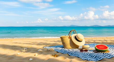 Tropical Beach Picnic Bag Hat Summer Watermelon Vacation Ocean, sandy beach scene with turquoise water and a straw bag perfect for summer getaways sunny day travel seascape