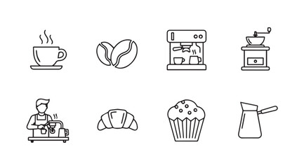 Hand drawn coffee shop icons featuring a barista beans cup croissant muffin and espresso machine vector