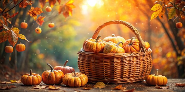 Autumn Harvest: Double Exposure of Pumpkins in a Rustic Basket