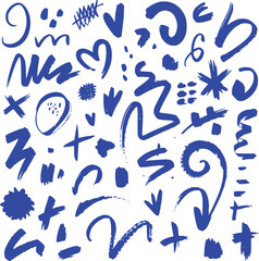 A Collection of Blue Brush Strokes and Abstract Shapes on a White Background