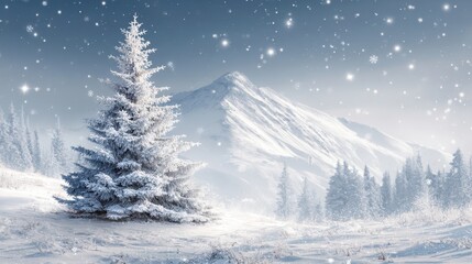 Obraz premium Snowy Landscape with Frosted Trees and Mountain Backdrop