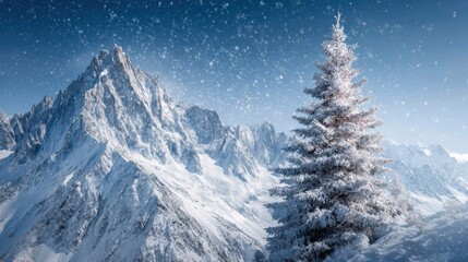 Obraz premium Serene Winter Landscape with Snow-Covered Tree and Mountains