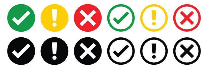 Set of flat round check mark icon vector, exclamation point, X mark icons, buttons isolated on a white background.