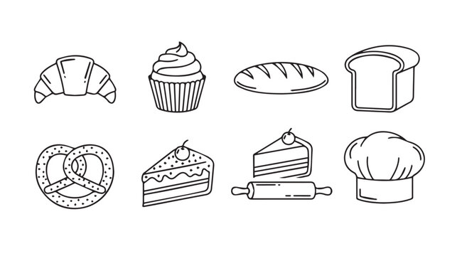 Hand drawn bakery food items collection croissant cupcake bread pretzel cake pastry chef hat set vector
