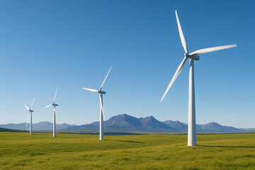 A row of modern wind turbines generating clean, renewable energy in a vast green field with a picturesque mountain range under a clear blue sky