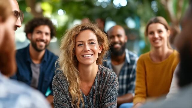 Group of diverse people sitting in circle sharing experiences, therapy session concept, trust and support energy, natural daylight, group counseling, emotional wellness, healing pr