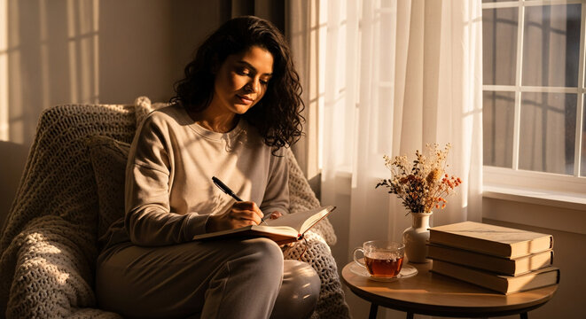 A woman seated in a comfortable chair, writing in a journal, with a cup of tea and stack of books nearby, in warm late‑afternoon light streaming through a window.