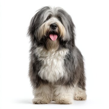 Charming Lowchen dog in a lion clip, displaying cheerfulness against a pure white background, captured in a watercolor style.