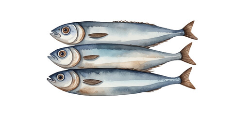 Sea watercolor pattern. Sardines, fish, herring. Simple decor in Scandinavian style in soft blue and brown tones. For wrapping paper, fabric. Vector