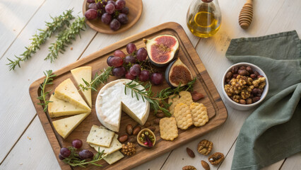 vegan cheese board, nuts, figs, grapes, herbs, olive oil, warm wooden table, rustic cozy vibe, top view, soft natural daylight, space bottom for copy, shallow vignette