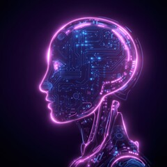 Glowing AI robot head icon in neon purple amidst a high-tech circuit pattern background showcasing futuristic technology