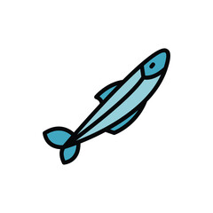 A light blue fish illustration with dark outlines two fins and a round eye