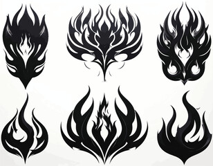 Set of Elegant Black Fire Designs Flame, Burning, Inferno, Heat, Energy, Tribal Art Collection
