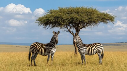 Obraz premium Zebras standing near an acacia tree under wide African sky
