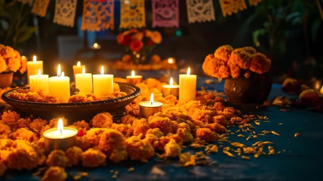 Candles And Marigold Flowers Arrangement For Day Of The Dead Celebration With Papel Picado Banners Overhead