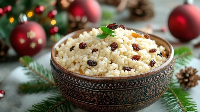 Farofa with raisins in a rustic bowl, Brazilian fried cassava side dish for Christmas celebration&mdash;golden, crunchy texture against a dark, festive red and green backdrop