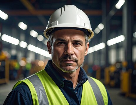 Middle-aged man wearing a safety helmet and vest, in an industrial setting
