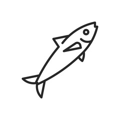 A line drawing depicts a fish in profile It has a triangular tail a small fin a curved mouth and a circular eye