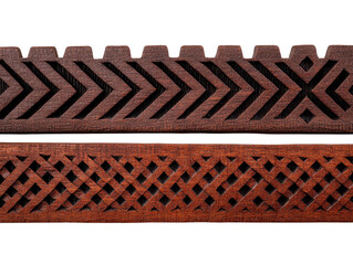 Dark brown and reddish brown wooden borders with geometric carved patterns, featuring chevron and lattice designs, isolated on transparency background, suitable for decoration or craft projects