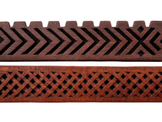 Dark brown and reddish brown wooden borders with geometric carved patterns, featuring chevron and lattice designs, isolated on transparency background, suitable for decoration or craft projects
