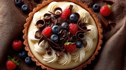 Top-down view of Bavarian cream pie decorated with chocolate curls and berries, professional food photography setup, high-end dessert presentation