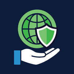Global Security Icon with Hand and Shield Representing Protection and Data Privacy Worldwide Network