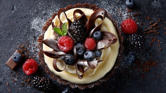 Top-down view of Bavarian cream pie decorated with chocolate curls and berries, professional food photography setup, high-end dessert presentation
