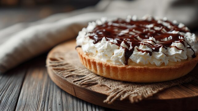 Bavarian cream pie on a rustic wooden table, topped with whipped cream and chocolate glaze, soft natural daylight, shallow depth of field