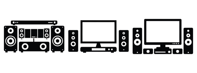 home theater system icon set, black color and white background